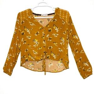 Jolt Women's Blouse L Mustard Yellow Hi Low Floral Vneck Front Tie Long Sleeve